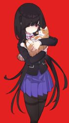 1girl black_hair black_jacket black_pantyhose blazer blue_skirt cat cowboy_shot date_a_live highres jacket long_hair long_sleeves neck_ribbon pantyhose pleated_skirt pocket raizen_high_school_uniform red_background red_eyes red_ribbon ribbon school_uniform shirt skirt smile tokisaki_kurumi white_shirt xiaoxiaoxiao