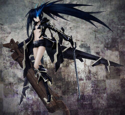 Rule 34 | barcode, barcode tattoo, belt, black rock shooter, black rock shooter (character), black rock shooter (game), black shorts, blue fire, blue hair, boots, fire, flaming eye, glowing, glowing eye, mechanical wings, no shirt, rock cannon, shorts, stella (black rock shooter), sword, tattoo, twintails, uneven twintails, weapon, wings, yara kami meiosei