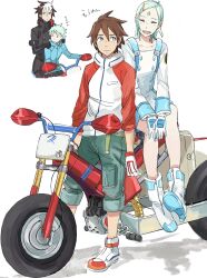 1boy 1girl aged_up belt black_jacket black_pants blue_dress blue_eyes blue_footwear blue_gloves blue_jacket blush_stickers boots buttons capri_pants cargo_pants closed_eyes collarbone double-breasted dress eureka_(eureka_seven) eureka_seven eureka_seven_(series) eureka_seven_ao expressionless gloves green_belt hair_between_eyes hair_ornament hairclip high_heel_boots high_heels high_tops highres jacket long_sleeves looking_back messy_hair motor_vehicle motorcycle multicolored_hair multiple_views on_motorcycle open_mouth pale_skin pants purple_eyes raglan_sleeves red_footwear red_jacket renton_thurston rueisi_(namezari) shadow shoes short_dress short_hair simple_background sitting_sideways smile sneakers spiked_hair swept_bangs translated two-tone_dress two-tone_footwear two-tone_gloves two-tone_hair vehicle_request very_short_hair white_background white_dress white_footwear white_gloves white_hair white_jacket