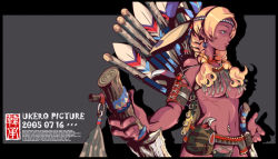 1girl blonde_hair dark-skinned_female dark_skin earrings feathers female_focus headdress jewelry long_hair native_american native_american_headdress navel navel_piercing piercing scar solo squaw ukero