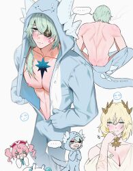 ... 1boy 2girls :&gt; :&lt; abs absurdres afterimage aglaea_(honkai:_star_rail) anaxa_(honkai:_star_rail) ancient_greek_clothes anger_vein angry animal_hands arm_tattoo back bare_arms blonde_hair blue_eyes blue_pajamas blue_tail blurry blush breasts butt_crack chibi cleavage clenched_teeth closed_mouth collarbone commentary cosplay covering_own_eyes crossed_bangs depth_of_field dimples_of_venus english_commentary eyepatch facing_away fake_tail flashing giggling gloves greco-roman_clothes green_eyes green_hair hair_between_eyes hair_over_shoulder hand_up hat highres honkai:_star_rail honkai_(series) hood hood_up hooded_pajamas hyacine_(honkai:_star_rail) jewelry kigurumi large_breasts large_pectorals laurel_crown little_ica_(honkai:_star_rail) long_hair looking_at_viewer low_ponytail male_focus middle_ring multiple_girls multiple_rings navel nipples one_eye_covered open_mouth open_pajamas opened_by_self pajamas partially_undressed paw_gloves pectoral_cleavage pectorals peeking_through_fingers pink_hair ponytail puckered_lips red_hat red_pupils ring shiny_skin short_hair simple_background smile smoke smoke_trail split_mouth spoken_ellipsis stifled_laugh sweatdrop tail tail_wagging tattoo teeth toned toned_male topless_male twintails unbuttoned v-shaped_eyebrows white_background yoma_0_0