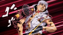 1boy 1other araki_hirohiko_(style) beard black_gloves comic_panel_redraw commentary derivative_work efrenrostran english_commentary facial_hair fingerless_gloves gloves grey_hair grey_shirt high_collar highres jojo_no_kimyou_na_bouken male_focus mandom_(stand) mustache numbered official_style parted_lips ringo_roadagain shirt short_sleeves solo stand_(jojo) steel_ball_run teeth white_hair