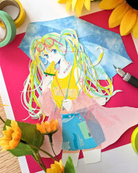 1girl absurdres aqua_eyes aqua_hair bare_shoulders blonde_hair blue_skirt blue_umbrella cellphone commentary_request contrapposto cropped_legs ear_piercing earrings eyewear_on_head flower food food_in_mouth green_nails hand_up hatsune_miku highres hobby_knife holding holding_umbrella jewelry lanyard letterboxed long_hair looking_at_viewer masking_tape_(medium) miniskirt mixed_media multicolored_hair outside_border parasol phone photo_(medium) piercing popsicle red_background ryono see-through_clothes see-through_shawl shawl shoulder_tattoo sidelocks skirt smartphone solo streaked_hair sunglasses tank_top tattoo traditional_media twintails umbrella unconventional_media vocaloid washi_tape watermark watermelon_bar web_address yellow_tank_top