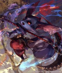 1other branch colored_smoke copyright_notice full_body furry holding holding_scythe looking_at_viewer lord_of_vermilion luoleo moon night official_art open_mouth outdoors pants red_eyes red_moon red_pants scythe slit_pupils smoke so-taro solo