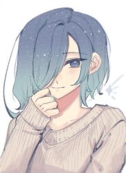 1girl ahoge androgynous blue_eyes blue_hair brown_sweater casual chi_kan100 closed_mouth collarbone gradient_hair hair_over_one_eye hand_up kimi_no_koto_ga_dai_dai_dai_dai_daisuki_na_100-nin_no_kanojo light_blush long_sleeves looking_at_viewer multicolored_hair nakaji_uto one_eye_covered portrait short_hair side_part simple_background sleeves_past_wrists smile solo sweater twirling_hair v-neck white_background