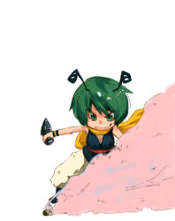 Rule 34 | 1girl, alternate costume, antennae, black shirt, closed mouth, commentary request, fishnet top, fishnets, full body, green eyes, green hair, holding, holding kunai, holding weapon, kazuiyun, kunai, looking at viewer, ninja, pants, scarf, shirt, short hair, simple background, sleeveless, sleeveless shirt, smile, solo, touhou, weapon, white background, white pants, wriggle nightbug, yellow scarf