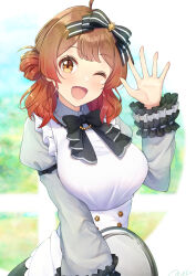1girl ;d ahoge alternate_costume apron blush breasts brown_hair enmaided frilled_sleeves frills gakuen_idolmaster grey_shirt hanami_ume hand_up highres holding holding_tray idolmaster juliet_sleeves large_breasts long_sleeves looking_at_viewer maid novady one_eye_closed open_mouth orange_hair puffy_sleeves shirt smile solo tray upper_body white_apron