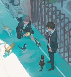 2boys adachi_tooru animal black_hair black_jacket black_pants cat closed_mouth collared_shirt commentary cup feeding_animal grey_hair hand_on_own_hip highres holding holding_cup jacket long_sleeves male_focus motor_vehicle multiple_boys narukami_yu necktie on_one_knee open_clothes open_jacket outdoors pants persona persona_4 pet_food red_necktie s_saremi school_uniform scooter shirt standing symbol-only_commentary white_shirt yasogami_school_uniform