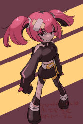 1girl bare_shoulders belt black_eyes blunt_bangs clenched_teeth commentary_request coral_(pokemon) cyuyadaigyaku10 eyelashes hair_ornament highres knees long_sleeves looking_at_viewer midriff nintendo off-shoulder_shirt off_shoulder pink_hair pokemon pokemon_(anime) pokemon_horizons shirt skirt sleeves_past_fingers sleeves_past_wrists solo standing teeth twintails