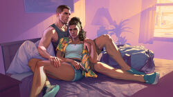 1boy 1girl absurdres bag banknote blue_shoes blue_shorts brown_hair denim denim_shorts duffel_bag grand_theft_auto grand_theft_auto_vi grey_tank_top gun hand_on_another&#039;s_shoulder hand_on_another&#039;s_thigh handgun highres holding holding_gun holding_weapon indoors jason_(grand_theft_auto) jason_duval jewelry key_visual long_hair lucia_(grand_theft_auto) lucia_caminos money necklace official_art on_bed open_clothes open_shirt print_shirt promotional_art realistic shirt shoes short_hair short_shorts short_sleeves shorts sitting tank_top weapon weapon_request white_tank_top yellow_shirt
