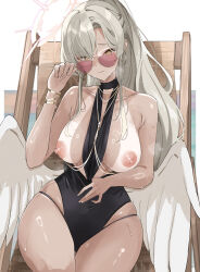 1girl absurdres bare_shoulders between_breasts black_one-piece_swimsuit blue_archive breasts breasts_out chair clothes_between_breasts covered_navel earrings feathered_wings grey_hair halo high_ponytail highleg highleg_one-piece_swimsuit highres hoop_earrings jewelry large_breasts long_hair looking_at_viewer looking_over_eyewear low_wings miz_blank nagisa_(blue_archive) nagisa_(swimsuit)_(blue_archive) nipples official_alternate_costume on_chair one-piece_swimsuit ponytail red-tinted_eyewear sitting skindentation solo sunglasses swimsuit tan tanline thighs tinted_eyewear white_wings wide_hips wings yellow_eyes