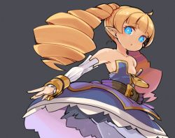 1girl archer_(disgaea) bare_shoulders belt blonde_hair blue_eyes breasts commentary detached_sleeves disgaea dress drill_hair long_hair looking_at_viewer makai_senki_disgaea_3 mota open_mouth pantyhose pointy_ears simple_background solo twin_drills twintails