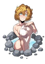 1girl absurdres bath blonde_hair blue_eyes blush breasts covering_privates future_princess green_eyes guardian_tales hairband highres holding holding_towel large_breasts looking_at_viewer medium_hair naked_towel nude_cover open_mouth short_hair simple_background solo steam tagme towel wet wet_hair wet_towel yong_ta
