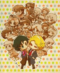 age_regression aged_down alternate_hairstyle basket bebe_(ad234_tenrou) black_hair blonde_hair blue_eyes bruno_bucciarati buck_teeth caesar_anthonio_zeppeli chain character_request chibi diego_brando dio_brando double_bun earrings erina_pendleton facial_hair facial_mark food formal_clothes fruit gakuran giorno_giovanna gyro_zeppeli hair_bun hands_on_own_hips hat higashikata_josuke hot_pants_(sbr) jean_pierre_polnareff jewelry johnny_joestar jojo_no_kimyou_na_bouken jonathan_joestar joseph_joestar joseph_joestar_(young) kakyoin_noriaki kuujou_jolyne kuujou_joutarou long_hair multicolored_hair narancia_ghirga neck_ribbon necktie nun open_mouth outline overalls oversized_clothes polka_dot polka_dot_background pompadour red_eyes ribbon scarf school_uniform shirt short_hair skirt smile steel_ball_run stopwatch striped_clothes striped_scarf striped_shirt suit suspenders sweater_vest teeth toy_airplane traditional_media traditional_nun trish_una two-tone_hair vento_aureo watch