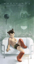 Rule 34 | 1boy, atom (tetsuwan atom), black hair, boots, character name, couch, no humans, red boots, robot, sitting, solo, spiked hair, stanley lau, tetsuwan atom