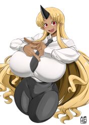 1girl absurdres black_pants blonde_hair breasts chainsaw_man cosplay cowboy_shot cropped_legs dark-skinned_female dark_skin fang highres horns huge_breasts long_hair long_sleeves looking_at_viewer makima_(chainsaw_man)_(cosplay) monster_musume_no_iru_nichijou necktie open_mouth pants pointy_ears red_eyes shirt simple_background single_horn smile solo standing tionishia virusotaku white_background white_shirt