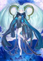 1girl blue_background blue_dress blue_hair blue_scarf braid bright_pupils closed_mouth crossed_bangs crown_braid double-parted_bangs dress expressionless fate/grand_order fate_(series) full_body game_cg hair_between_eyes high-low_dress horns larva_tiamat_(fate) larva_tiamat_(second_ascension)_(fate) leg_up long_hair looking_at_viewer official_art pantyhose pink_eyes pointy_ears ripples scarf sidelocks sleeves_past_fingers sleeves_past_wrists solo standing standing_on_one_leg symbol-shaped_pupils third-party_source tiamat_(fate) twintails variant_set very_long_hair white_pantyhose white_pupils x-shaped_pupils yamanaka_kotetsu