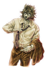 1boy animal_ears brown_pants brown_suit closed_mouth commentary_request dog_boy dog_ears formal_clothes furry furry_male gavadon_(artist) glasses highres holding holding_unworn_clothes looking_at_viewer male_focus mitsuhisa_aotsuki morenatsu necktie pants shirt suit undone_necktie white_background white_shirt