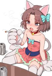 1girl animal_ears animal_hands bare_shoulders beer_can blush bow brown_hair can cat_ears cat_girl cat_tail cigarette collar collarbone commentary dress drink_can ebora english_commentary fang flat_chest gloves hair_bow highres holding holding_cigarette moneko_(nyanko_daisensou) no_shoes nyanko_daisensou open_mouth parted_bangs paw_gloves pink_shirt pink_skirt shirt short_hair simple_background sitting skirt smoke smoking solo strapless strapless_dress table tail tearing_up thighhighs wariza white_background white_thighhighs