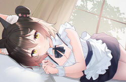 1girl absurdres animal_ear_fluff animal_ears black_hair breasts character_request cleavage copyright_request flower fox_ears gradient_hair hair_flower hair_ornament highres looking_at_viewer lying maid multicolored_hair on_side solo usagi_(786113654) virtual_youtuber window wrist_cuffs yellow_eyes