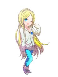 Rule 34 | 1girl, blonde hair, blue eyes, denim, female focus, forgotten artist, gelbooru, gelbooru-tan, hood, hoodie, jacket, jeans, long hair, official art, one eye closed, pants, shoes, smile, sneakers, solo, transparent background, wink