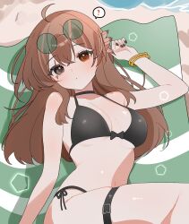 Rule 34 | 1girl, ?, absurdres, ahoge, arm at side, arm up, beach towel, black nails, blurry, bokeh, bracelet, breasts, brown eyes, brown hair, cleavage, closed mouth, commission, cowboy shot, crossed bangs, day, depth of field, double-parted bangs, drop shadow, eyewear on head, feather hair ornament, feathers, from above, grey eyes, hair ornament, halterneck, hana20000920, heterochromia, highres, indie virtual youtuber, jewelry, knee up, kumi (vtuber), looking at viewer, medium breasts, nail polish, navel, outdoors, round eyewear, scar, scar across eye, scar on face, second-party source, shore, solo, spoken question mark, sunglasses, swimsuit, towel