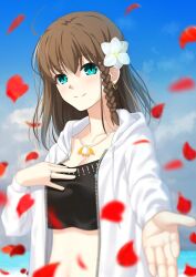 1girl aotsuki_takao aqua_eyes bikini black_bikini blue_sky blurry braided_sidelock breasts brown_hair charlotte_corday_(fate) charlotte_corday_(swimsuit_caster)_(fate) charlotte_corday_(swimsuit_caster)_(first_ascension)_(fate) cleavage cloud collarbone drawstring earrings fate/grand_order fate_(series) flower flower_request game_cg gold_earrings hair_flower hair_ornament hand_on_own_chest hand_up hood hood_down hooded_jacket hoop_earrings horizon jacket jewelry large_breasts long_sleeves looking_at_viewer medium_hair ocean offering_hand official_art open_clothes open_jacket outstretched_arm parted_lips pendant red_petals ring sidelocks sky smile solo swimsuit third-party_source unzipped upper_body white_flower white_jacket zipper
