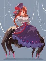 1girl arthropod_girl blue_background blush breasts bright_pupils flower frills hat hat_flower high-waist_skirt highres insect_girl juliet_sleeves large_breasts layered_skirt long_sleeves looking_at_viewer monster_girl multi-tied_hair orange_hair original puffy_sleeves purple_hat purple_skirt red_eyes red_flower red_rose rose shirt simple_background skirt solo spider_girl spider_web_print taur toconikky white_pupils white_shirt