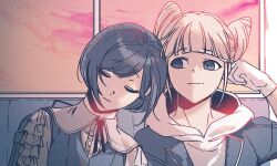 Rule 34 | 2girls, b1ue e4rth, backpack, bag, blue hair, blunt bangs, closed eyes, closed mouth, collared shirt, commentary, cone hair bun, double bun, frilled shirt, frilled sleeves, frills, fukurai azami, hair bun, hands on own head, hashtag-only commentary, jasmine (toshi densetsu kaitai center), leaning on person, leaning to the side, limited palette, long sleeves, looking at another, multiple girls, shirt, short hair, sleeping, sleeping on person, sleeping upright, smile, toshi densetsu kaitai center, upper body