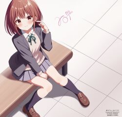1girl bench between_legs black_socks blush brown_eyes brown_hair brown_shoes closed_mouth from_above full_body green_ribbon grey_jacket grey_skirt grey_vest hand_between_legs highres jacket kneehighs loafers long_sleeves looking_at_viewer neck_ribbon on_bench open_clothes open_jacket original ribbon school_uniform shirt shoes short_hair sidelocks signature sitting skirt smile socks solo twitter_username uru_aoi23 vest watermark white_shirt