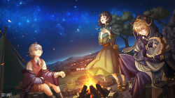 1girl 2boys :d ascot black_footwear black_hair blonde_hair brooch brown_shorts brown_vest campfire cape closed_eyes copyright_name dairoku_ryouhei grey_hair holding holding_instrument instrument jewelry kazama_subaru lerche_alouette multiple_boys music necklace night night_sky nova_formont open_mouth outdoors own_hands_together pouch roasted_marshmallow satou_momonnyo shirt shorts singing sitting sky smile socks standing teapot tent tree vest white_shirt
