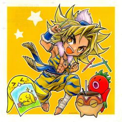 Rule 34 | 1boy, abs, animal print, armlet, artist name, bandaged foot, bandaged leg, bandages, barefoot, blonde hair, chibi, chibi only, clenched hand, cropped vest, drawing (object), full body, fur-trimmed bracer, fur-trimmed vest, fur trim, highres, holding, holding pencil, hori wo, jewelry, kevin (seiken densetsu 3), male focus, midriff, necklace, open clothes, open mouth, open vest, orange background, orange eyes, pants, parted bangs, pectorals, pencil, print pants, print vest, sash, seiken densetsu, seiken densetsu 3, short hair, smile, tiger print, tooth necklace, vest, waist sash