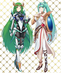 2girls absurdres armlet armor asymmetrical_footwear bare_shoulders belt blush breasts chest_jewel cleavage cosplay costume_switch dress earrings female_focus forehead_jewel gem gloves green322 green_eyes green_hair hair_ornament headpiece high_heels highres jewelry kid_icarus kid_icarus_uprising large_breasts laurel_crown long_hair looking_at_viewer matching_hair/eyes mismatched_footwear multiple_belts multiple_girls necklace nintendo palutena palutena_(cosplay) pendant pneuma_(xenoblade) pneuma_(xenoblade)_(cosplay) ponytail sandals side_slit simple_background single_thighhigh smile strapless strapless_dress swept_bangs thighhighs tiara trait_connection vambraces very_long_hair xenoblade_chronicles_(series) xenoblade_chronicles_2