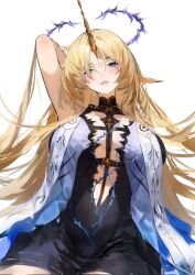1girl absurdres arm_behind_head arm_up black_collar black_dress blonde_hair blue_eyes blush breasts collar commentary dress english_commentary fleurdelys_(wuthering_waves) hair_over_one_eye highres horns huge_breasts jewelry lewdlily66 long_hair long_horns looking_at_viewer necklace open_mouth pointy_ears single_horn sitting smile solo tabard tacet_mark_(wuthering_waves) very_long_hair white_tabard wuthering_waves yellow_horns