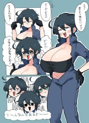 1girl absurdres ahoge alternate_breast_size black_eyes black_hair blue_eyes blush breasts cleavage empty_eyes hands_on_own_hips heart heart-shaped_pupils highres indie_virtual_youtuber jumpsuit kataochi_chuuko large_breasts mob_face open_jumpsuit short_hair smile symbol-shaped_pupils syurorori translation_request virtual_youtuber