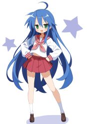 Rule 34 | 1girl, :3, absurdres, ahoge, blue hair, blush, brown shoes, collarbone, commentary, double horizontal stripe, full body, green eyes, hair between eyes, hands on own hips, highres, izumi konata, jitome, loafers, long hair, looking at viewer, lucky star, midriff peek, miniskirt, mole, mole under eye, navel, neckerchief, no pupils, ogaoekaki, open mouth, pink neckerchief, pleated skirt, red sailor collar, red skirt, ryouou school uniform, sailor collar, school uniform, shirt, shoes, sidelocks, simple background, skirt, socks, solo, standing, star (symbol), straight hair, v-shaped eyebrows, very long hair, white background, white shirt, white socks, winter uniform