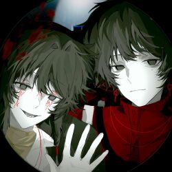 2boys black_eyes black_hair black_jacket blood blood_splatter chinese_commentary closed_mouth colored_skin commentary_request earrings emmm_(changle15645) empty_eyes expressionless facial_tattoo hair_intakes high_collar highres jacket jewelry li_yuting_(male) male_focus mole mole_under_each_eye mole_under_eye multiple_boys multiple_moles open_mouth red_jacket shirt smile tattoo touqi_guaitan white_shirt white_skin ziche_fuzhao