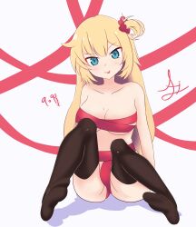 1girl absurdres ai_haruka akai_haato black_thighhighs blonde_hair blue_eyes breasts closed_mouth commentary_request dated full_body highres hololive long_hair looking_at_viewer naked_ribbon red_ribbon ribbon signature sitting smile solo thighhighs tongue tongue_out virtual_youtuber white_background