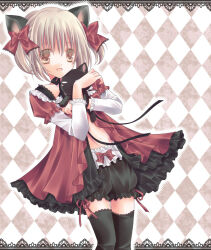 1girl 2000s_(style) :d animal animal_ears argyle_background babydoll black_bloomers black_cat black_thighhighs bloomers bow brown_eyes cat cat_ears cat_girl commentary_request frilled_babydoll grey_hair hair_bow holding holding_animal holding_cat layered_sleeves long_sleeves looking_at_viewer midriff min-mu navel open_mouth original puffy_short_sleeves puffy_sleeves red_babydoll red_bow short_hair short_over_long_sleeves short_sleeves smile solo standing thighhighs underwear