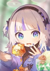 1girl black_bow black_hairband blue_eyes blueberry blurry blurry_background bow brown_sweater commentary commentary_request drooling eating english_commentary food fork fruit gawr_gura hair_bow hairband harufude highres holding holding_fork hololive jacket light_particles long_hair long_sleeves looking_at_viewer maple_syrup mixed-language_commentary mouth_drool multicolored_eyes multicolored_hair open_mouth pancake purple_eyes purple_hair purple_jacket purple_nails ribbed_sweater sharp_teeth solo strawberry streaked_hair sweater teeth turtleneck turtleneck_sweater two-tone_eyes two-tone_hair two_side_up virtual_youtuber white_hair