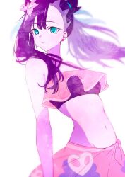 1girl bikini black_hair breasts floating_hair flower frilled_bikini frills green_eyes hair_flower hair_ornament hibiscus highres looking_to_the_side marie_(pixiv59672544) marnie_(pokemon) marnie_(summer_2021)_(pokemon) navel nintendo pink_sarong pokemon pokemon_masters_ex sarong simple_background small_breasts stomach swimsuit twintails white_background