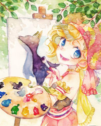 1girl :d armband bad_id bad_pixiv_id bare_shoulders blonde_hair blue_eyes newsboy_cap canvas_(object) dog earrings female_focus final_fantasy final_fantasy_vi hat highres holding holding_paintbrush interceptor jewelry leaf oharu-chan open_mouth paint paintbrush painting_(action) paint_palette pink_hat relm_arrowny short_hair smile solo strapless teeth