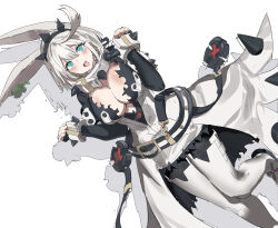 1girl absurdres ahoge animal_ears black_dress black_hairband blue_eyes blush bracelet breasts cleavage clenched_hands clover collar double-parted_bangs dress drop_shadow dutch_angle elphelt_valentine fake_animal_ears four-leaf_clover grey_hair guilty_gear guilty_gear_xrd hairband hands_up highres huanxiang_huifeng huge_ahoge jewelry large_breasts long_sleeves looking_at_viewer medium_hair open_mouth rabbit_ears simple_background smile solo spiked_bracelet spiked_collar spiked_dress spiked_hairband spikes standing standing_on_one_leg thighhighs two-tone_dress v-neck white_background white_dress white_thighhighs