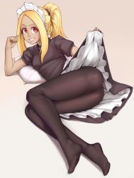 1girl absurdres black_dress blonde_hair blush breasts clothes_lift commentary dark-skinned_female dark_skin dress dress_lift english_commentary frilled_skirt frills full_body gradient_background gravity_daze grey_background highres kitten_(gravity_daze) legs lifting_own_clothes lying maid maid_headdress medium_breasts medium_hair nickleflick no_shoes on_side pantyhose parted_lips ponytail puffy_short_sleeves puffy_sleeves red_eyes shiny_clothes short_sleeves sidelocks simple_background skirt solo