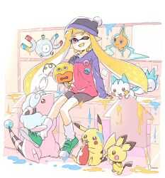 1girl animal beanie black_hat blonde_hair colored_tongue crossover fangs flaaffy full_body gen_1_pokemon gen_2_pokemon gen_4_pokemon green_shoes grey_shorts hat highres holding holding_animal inkling inkling_girl inkling_player_character ketchup_bottle long_hair long_sleeves looking_at_viewer magnemite nintendo one_eye_closed open_mouth pachirisu paint_splatter pichu pikachu pink_eyes pink_shirt pointy_ears pokemon pokemon_(creature) pom_pom_(clothes) pom_pom_beanie purple_shirt rotom sen_squid shirt shoes shorts sitting smile sneakers socks splatoon_(series) tentacle_hair third-party_source two-tone_shirt white_socks yellow_tongue zapfish