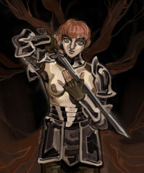 1girl absurdres arm_up armor armpits artist_name black_pants blue_eyes bowl_cut bracer breasts brown_gloves closed_mouth couter cowboy_shot d&#039;arce_(fear_&amp;_hunger) dark_areolae dark_nipples faulds fear_&amp;_hunger_(series) fear_&amp;_hunger_1 fingerless_gloves gloves gorget hand_on_blade highres holding holding_blade holding_sword holding_weapon knight lips looking_at_viewer medium_breasts naked_armor nipples orange_hair pants pauldrons plate_armor rerebrace serious short_hair shoulder_armor signature solo standing sword topless_female very_short_hair warrior weapon wiltkingart