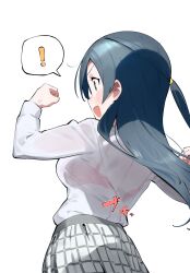 ! 1girl absurdres black_eyes black_hair blush bra bra_visible_through_clothes breasts clenched_hands from_behind goe_(g-o-e) grey_skirt hands_up highres long_hair long_sleeves looking_ahead love_live! love_live!_nijigasaki_high_school_idol_club medium_breasts nijigasaki_school_uniform one_eye_closed open_bra open_mouth plaid_clothes plaid_skirt profile red_bra school_uniform see-through_clothes see-through_shirt shirt shirt_tucked_in simple_background skirt solo speech_bubble spoken_exclamation_mark standing translated underwear upper_body v-shaped_eyebrows wardrobe_malfunction white_background white_shirt wide-eyed yuki_setsuna