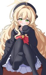 1girl :d absurdres ahoge arm_at_side beret black_coat black_hat black_pantyhose black_serafuku black_shirt black_skirt blonde_hair blue_archive blush bow coat commentary feet felice_ykr fluffy_hair foot_out_of_frame foot_up frilled_skirt frills green_eyes grin hair_between_eyes hair_intakes halo hand_up hat highres huge_ahoge long_hair looking_at_viewer no_shoes open_clothes open_coat open_mouth panties panties_under_pantyhose pantyhose professor_niyaniya_(blue_archive) red_bow school_uniform serafuku shirt sidelocks simple_background sitting skirt sleeves_past_fingers sleeves_past_wrists smile soles solo toes tsurime underwear very_long_hair white_background yellow_halo