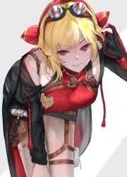1girl absurdres advarcher black_coat black_gloves blonde_hair breasts closed_mouth coat gloves goggles goggles_on_head highres hololive hololive_indonesia kaela_kovalskia kaela_kovalskia_(4th_costume) leaning_forward looking_at_viewer medium_breasts red_eyes red_gloves red_sweater simple_background single_glove solo sweat sweater two-tone_gloves virtual_youtuber white_background