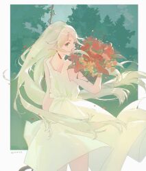 1girl absurdres blue_eyes dress elf flower frieren from_behind gensou_getsumen_rt green_background highres holding holding_flower long_hair pointy_ears red_flower sleeveless sousou_no_frieren sundress white_dress